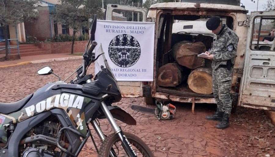 Apeo ilegal: Interceptan una trafic con rollos de laurel escondidos, también incautaron una motosierra y detienen a dos individuos