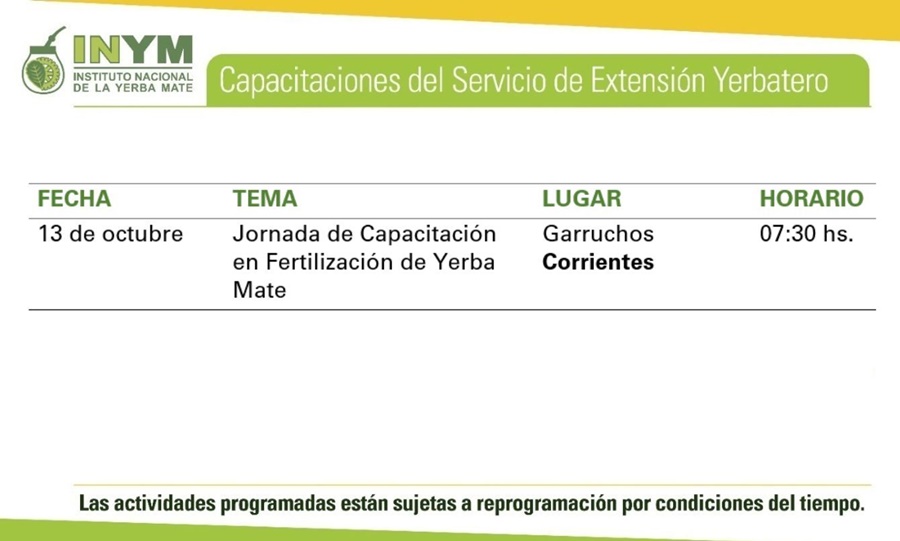 INYM: Agenda de Actividades del 10 al 14 de Octubre serán las jornadas de capacitación sobre buenas prácticas y técnicas de cosecha; destinadas a productores y tareferos