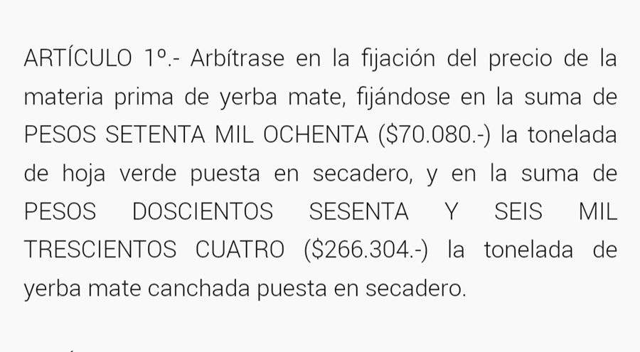 Nación fijó los nuevos valores para la Yerba Mate